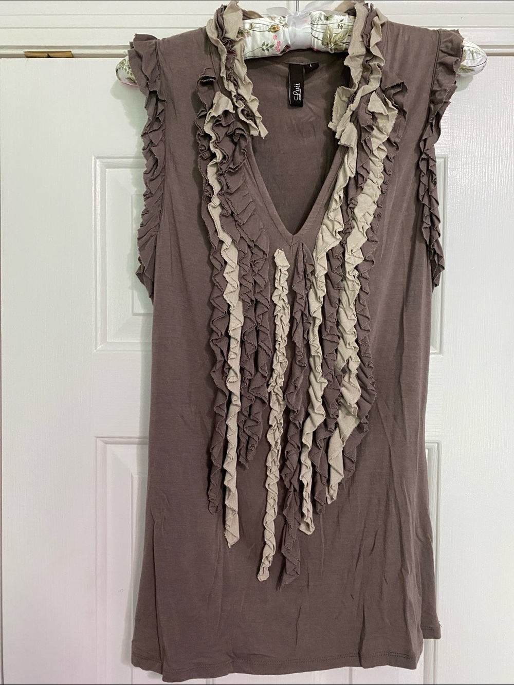Luii Taupe Tank Top with Cream Ruffle Trim